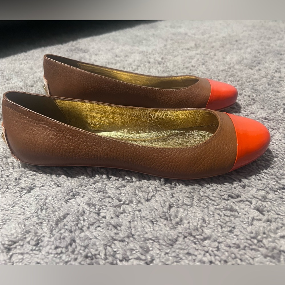 kate spade Brown Leather Flats with Orange Cap Toe